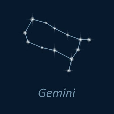 Science astronomy, stars on deep blue background. Vector night sky and zodiac. Gemini constellation.のイラスト素材
