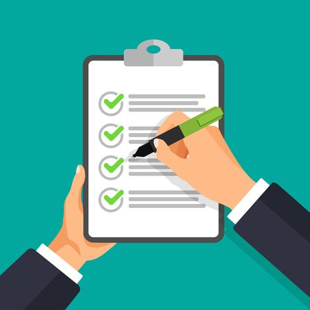 Vector hand with pen writing on a check list. Businessman signs document. The hand holds a pen and clipboard in a 3d style. To do list concept. Business financial agreement.のイラスト素材