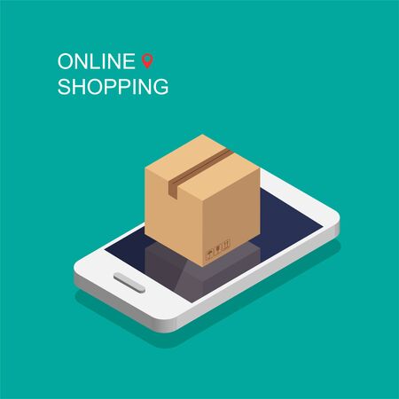 Online shopping. Cardboard box or package on a phone display. Vector illustration.のイラスト素材
