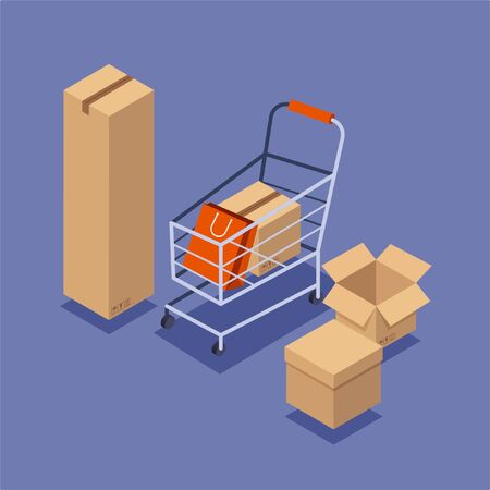Shopping cart with purchases and boxes in isometric projection. Vector illustration.のイラスト素材