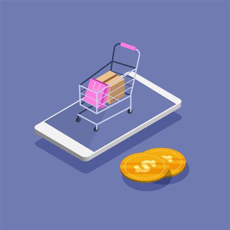 Online shopping. Shopping cart on a phone display in isometric projection. Stay home concept. Vector illustration.のイラスト素材