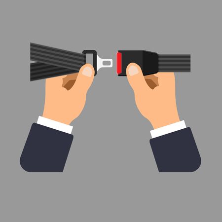 Vector seat belt icon isolated on gray background. Hands fasten a seat belt. Safety equipment for car and plane.のイラスト素材