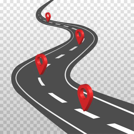 Curved road with white markings and red pin pointers. Road way location infographic template. Highway in aerial perspective. Vector illustration isolated on transparent background.のイラスト素材