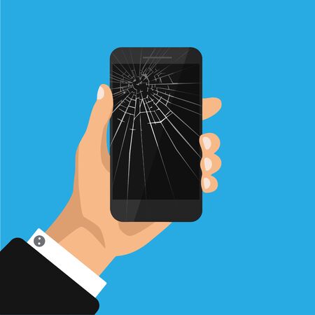 Hand holds phone with broken black screen. Broken mobile phone isolated on blue background. Repair mobile phone icon. Vector illustrationのイラスト素材