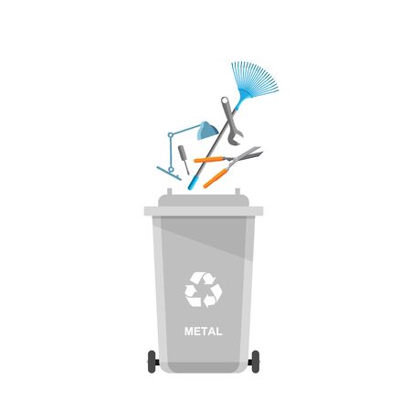 Assorted metal trash in special urn. Vector recycle concept. Bins for recycling with sorted garbage and rubbish.のイラスト素材