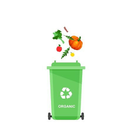Assorted organic trash in special urn. Vector recycle concept. Bins for recycling with sorted garbage and rubbish.のイラスト素材
