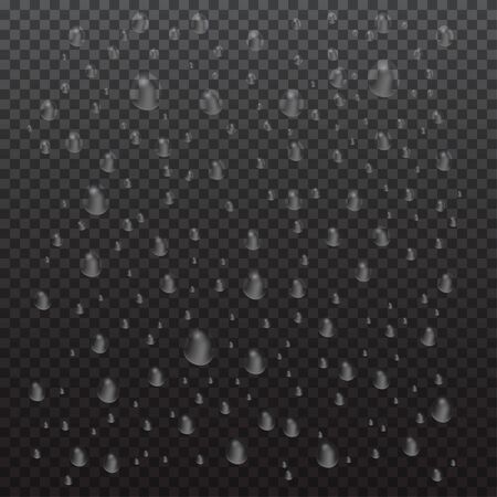 Vector realistic water drops condensed on black transparent background. Macro aqua bubbles isolated on glass. Rain droplets without shadows for transparent surface.のイラスト素材