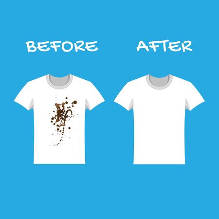 Clothes before and after wash. Advertising of washing powder and detergent. Flat blank and dirty t-shirt. Mock up of white shirts isolated on blue background.のイラスト素材