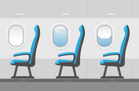 Vector airplane interior illustration in a trendy style. Aircraft passenger blue seat near window or ailsle. Plane cabin with portholes. Business Class template.のイラスト素材