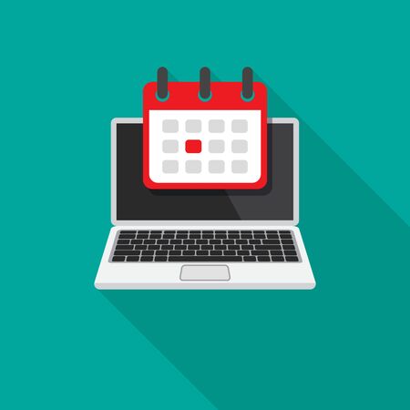 Laptop screen with calendar and highlighted date on it. Event or deadline concept. Vector illustration isolated on green background.のイラスト素材