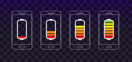 Discharged and fully charged battery smartphone. Set of battery charge level indicators on a...