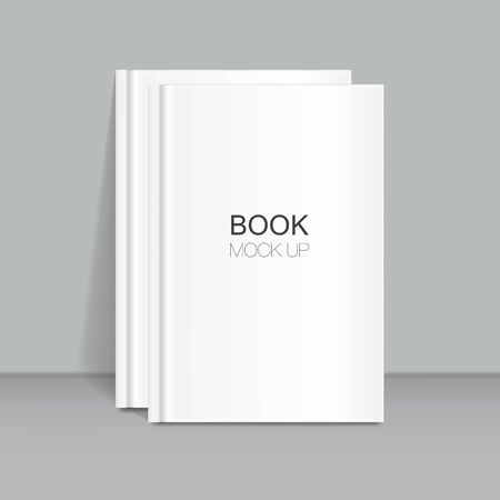 Vector mock up of white blank book cover isolated on a table. Realistic closed vertical books, magazine or notebook template for your design. In front side of book.your design. In front side of book.のイラスト素材