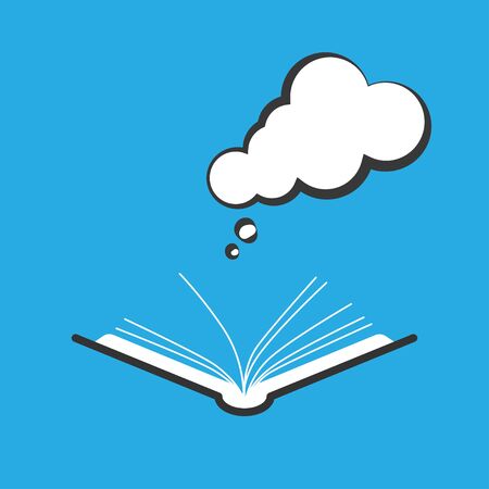 Open book with dialog speech bubble isolated on blue background. Vector modern flat icon.のイラスト素材