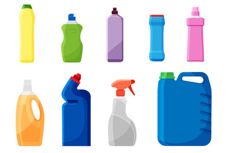 Set of detergent bottles or containers, cleaning supplies, washing powder icon. Vector illustration isolated on white background.のイラスト素材