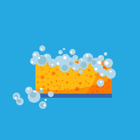 Flat design of cartoon sponge with foam. Template of cleaning supplies. Isolated vector illustrationのイラスト素材
