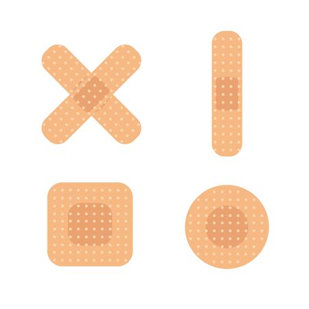 Set of different shape medical bandages. First aid band plaster strip. Flat design medical patch icon. Vector illustrationのイラスト素材