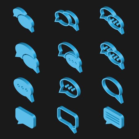 Isometric vector dialog box bubble set isolated on black background. Blue quotes frames and remark. Callouts template collection.のイラスト素材