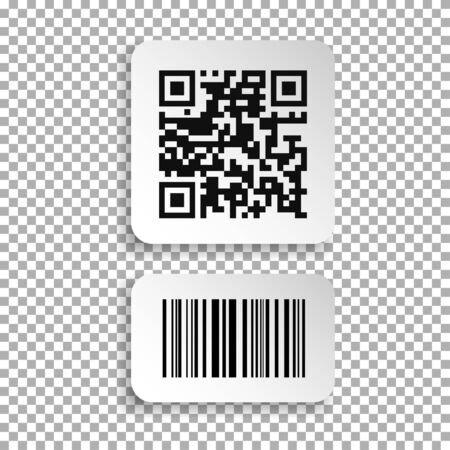 Set of realistic barcode and qr code black icon. Barcode label set sticker. Vector illustration isolated on transparent background.のイラスト素材
