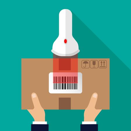 Hand holding box with barcode sticker on top. Flat design of scanning barcode label sticker. Vector illustration isolated on green background.のイラスト素材