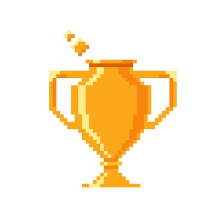Pixel trophy cup. Award icon isolated on white background. Golden vinner's cup. Game champion concept. A feather in one's cap. Vector illustration.のイラスト素材