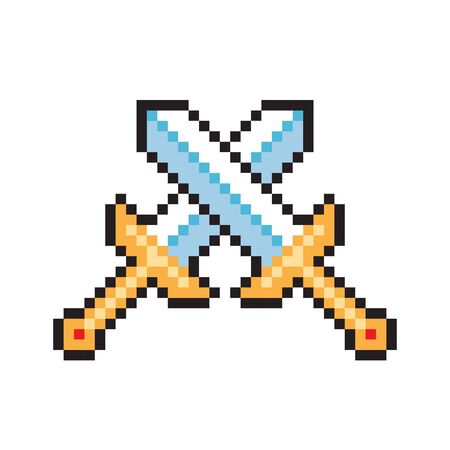 Pixel video game sword icon. Crossed swords. Weapon for knight. Vector illustration in retro game style isolated on white background.のイラスト素材