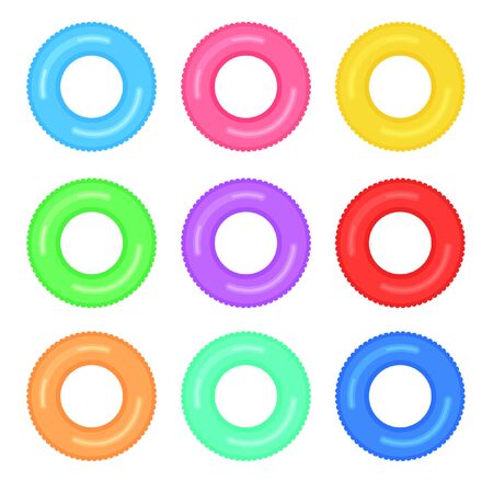 Set of colorful rubber swimming rings. Life saving floating lifebuoy for beach or ship. Water and beach monochromatic rubber toys.のイラスト素材