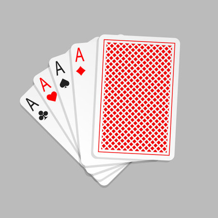 Four aces in five card poker hand playing cards with back design. Playing card isolated on gray...