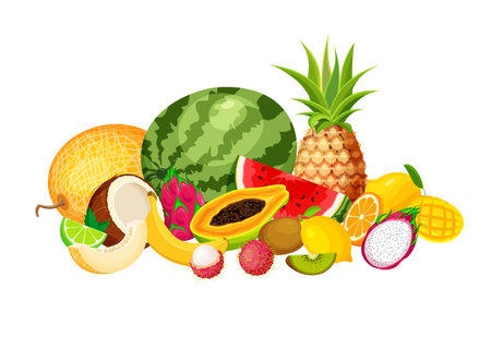 Pile of exotic tropical fruits in a trendy cartoon style. Vegan food vector icons isolated on white...