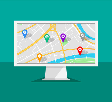 Computer monitor with map navigation on a screen. GPS navigator with different pinpoints.