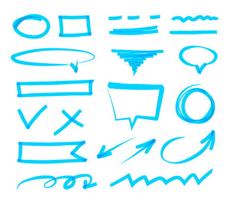 Collection of abstract hand-painted marker. Vector set of blue highlighter marks, strokes, stripes and arrows. Highlighted marker design elements isolated on white background.のイラスト素材
