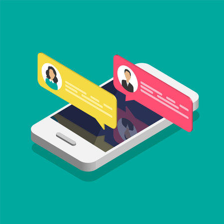 Online chat concept. Isometric smartphone with dialog boxes. Modern design of messaging bubbles. Vector illustration isolated on color background.のイラスト素材