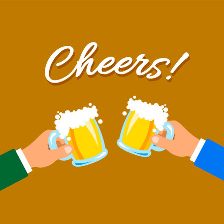 Cheers mugs of beer. Oktoberfest 2020 banner. Autumn holidays. Isolated vector Illustration. Design...