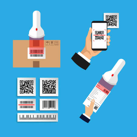 Flat design of set infographics about scanning codes. Scan barcode and QR code. Isolated vector illustration.のイラスト素材