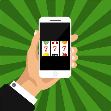 Flat design of slot machine with lucky sevens jackpot on a screen. Hand holds smartphone with jackpot. Vector illustration. Isolatedのイラスト素材