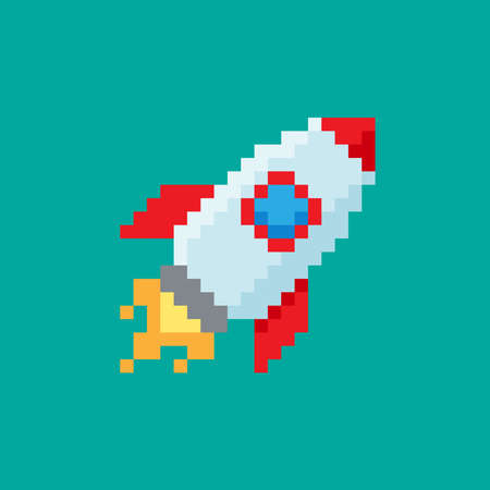 Rocket icon in retro game style. Pixel art. Vector illustrationのイラスト素材