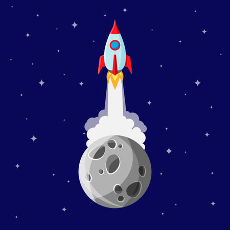 Cartoon space rocket leaving planet orbit and going into deep space. Spaceship, moon, planets and stars. Vector illustration in a modern flat style.のイラスト素材