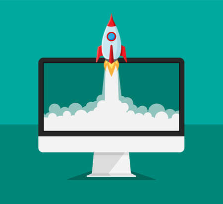 Computer monitor with rocket launch on a display. Business product concept. Rocket goes beyond the monitor. Project startup and innovation product. Vector illustration.のイラスト素材