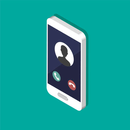 Isometric smartphone with incoming call on a screen. Calling service concept. Answer the call. Vector modern illustration for web banners, websites, infographics.のイラスト素材