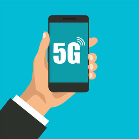 Smartphone with high speed 5g technology. Hand holds phone with internet signal symbol on a display. Vector illustration.のイラスト素材