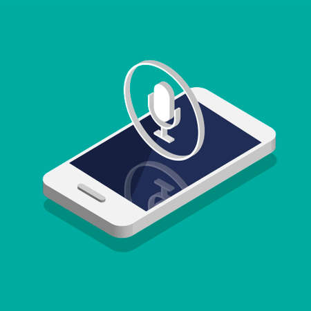 Isometric design smartphone with microphone icon on screen. Voice message. Karaoke online. Vector illustration.のイラスト素材