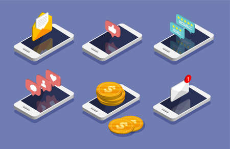 Set of vector isometric smartphone. E-mail, email marketing, internet advertising concepts. Money movement, online payment and banking concept. Social media notifications icon.のイラスト素材