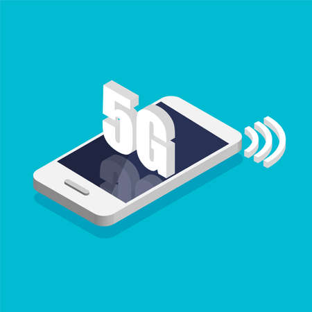 Isometric smartphone with high speed 5g technology. Phone with internet signal symbol on a display. Vector illustration.のイラスト素材