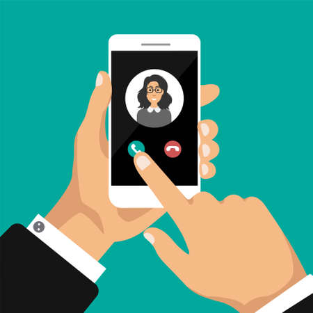 Hand holds smartphone with incoming call on a screen. Calling service concept. Vector modern illustration for web banners, websites, infographics.のイラスト素材