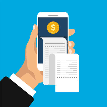Mobile banking and payment. Hand holds smartphone with receipt and coins in trendy isometric style. Vector illustration isolated on color background.のイラスト素材