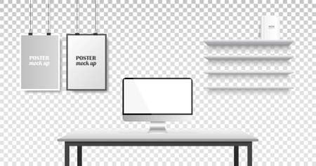 Vector realistic office creative space. Workspace mock up template. Modern business workplace front view isolated on transparent background. Part of interior with blank white computer display.のイラスト素材