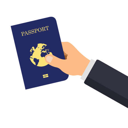 Hand holds international passport. Vector international blue cover of passport template. Identification document for travel, isolated on white background.のイラスト素材