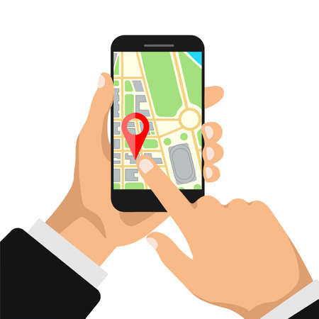 Hands holds smartphone with map navigation on a screen. GPS navigator with red pinpoint. City map with point markers. Vector illustration.のイラスト素材