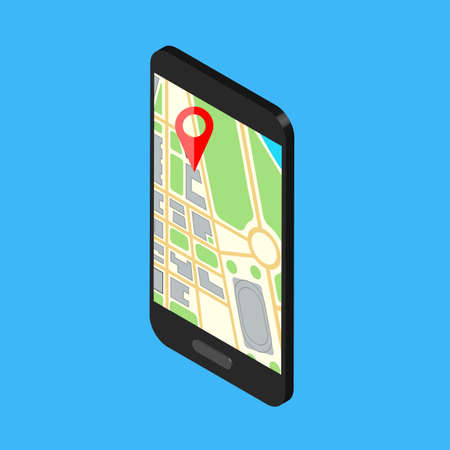 Isometric phone with map navigation on a display. GPS navigator with red pinpoint and city map on a display. Vector illustration isolated on blue background.のイラスト素材