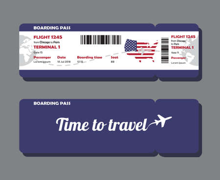 Modern design of USA airline travel boarding pass. Two tickets template with map of USA painted in flag color, front and back side. Vector illustration isolated on grey backgroundのイラスト素材