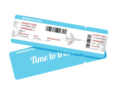 Flat design of airline travel boarding pass. Vector template or mockup isolated on white background. Front and back side tickets.のイラスト素材